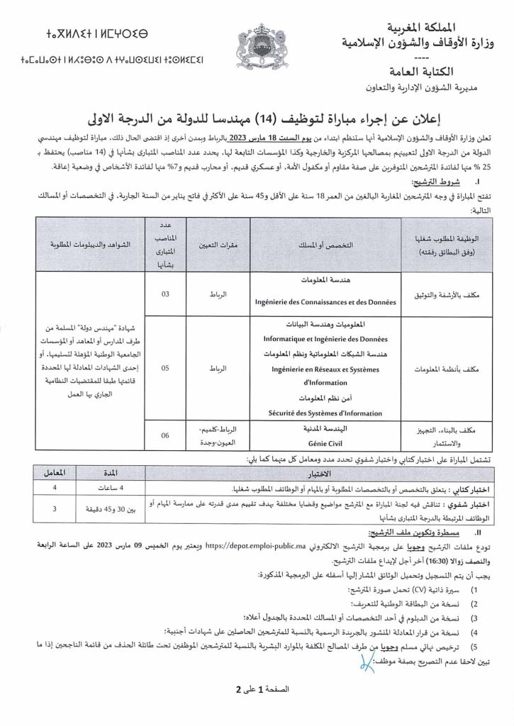 مباراة توظيف (14) مهندس دولة من الدرجة الأولى بوزارة الأوقاف والشؤون الإسلامية 2023