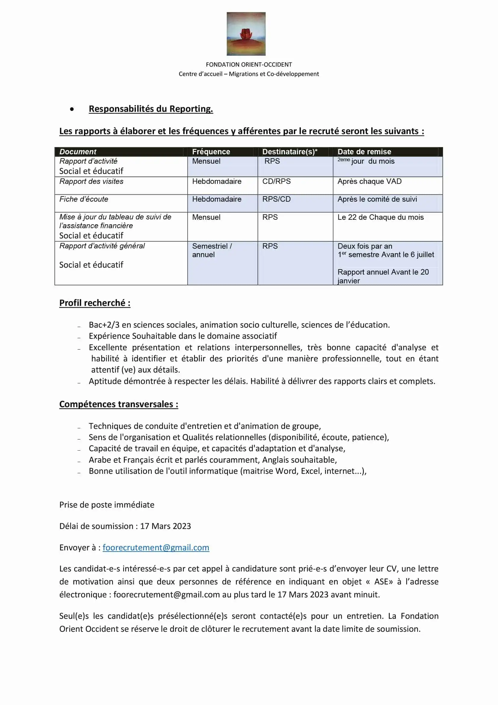 Fondation Orient Occident recrutement